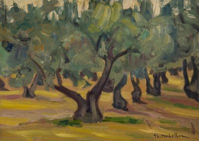 Olives, Andros — Oil painting, Fiberboard, 29.00×40.00cm — Theodoros Markellos